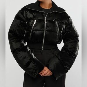 WeWoreWhat | Cropped Puffer Jacket | Black Wet Look | Size Large